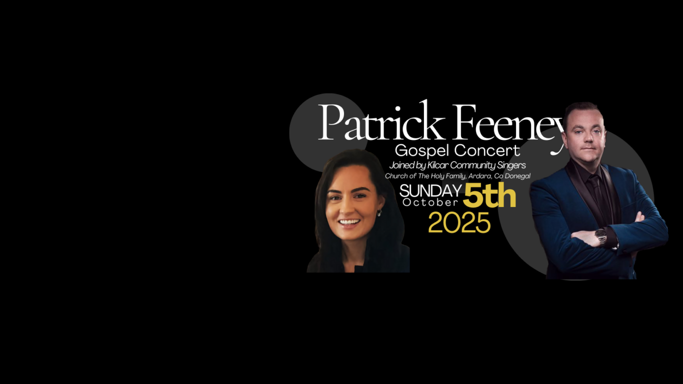 Promotional graphic for a gospel concert featuring Patrick Feeney and another person, with event details for Sunday, October 5, 2025.
