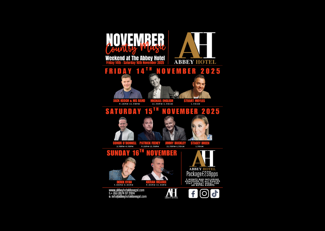 Poster advertising the November Country Music Weekend at Abbey Hotel, listing performers and event dates: November 14th, 15th, and 16th, 2025, with images of artists and booking details.