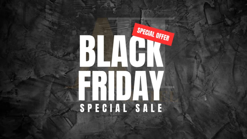 Black Friday special sale text on a dark textured background with a red 