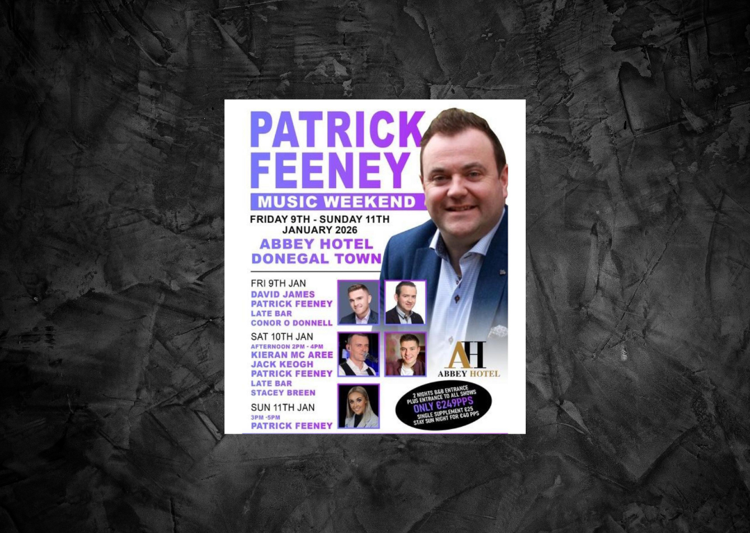 Event poster for Patrick Feeney Music Weekend at Abbey Hotel, Donegal Town, January 7-9, 2022, featuring photos and a schedule of performers.
