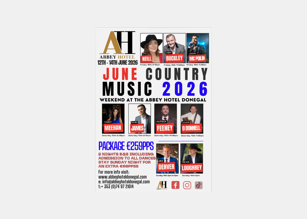 Country music weekend poster at Abbey Hotel Donegal with artist line-up and special accommodation package details.