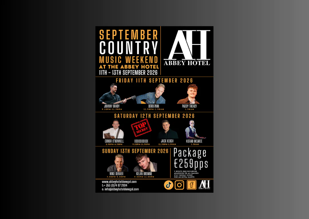 Abbey Hotel's September country music weekend event poster featuring artists, dates, and special package pricing.