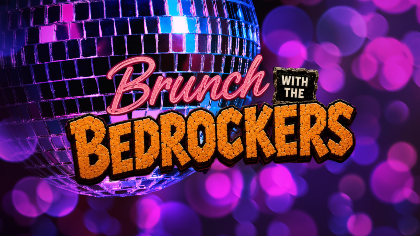 Vibrant purple bokeh backdrop, disco ball reflecting lights; perfect for lively hotel brunch event.