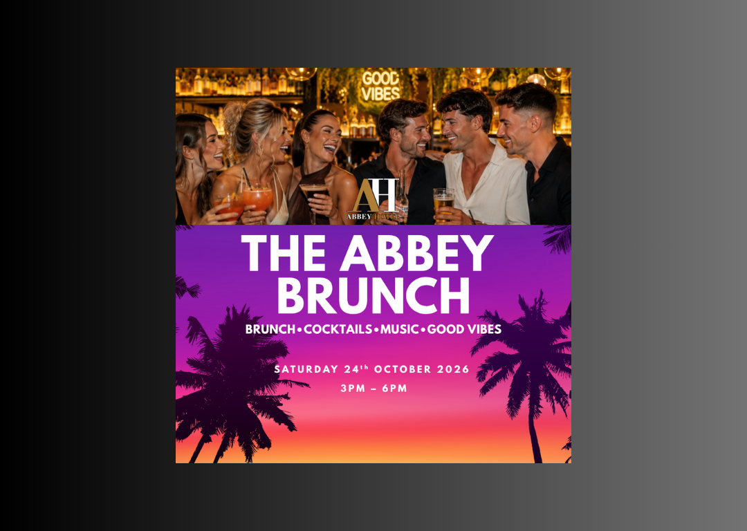 Guests enjoy cocktails and laughter at a vibrant hotel brunch with music and palm tree silhouettes.