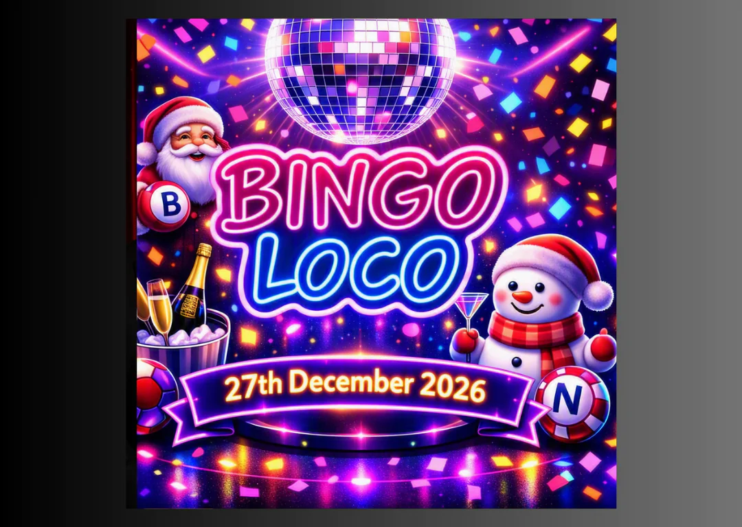 Festive Bingo Loco poster with Santa, snowman, disco ball, and colourful lights. Event on 27th December 2026.