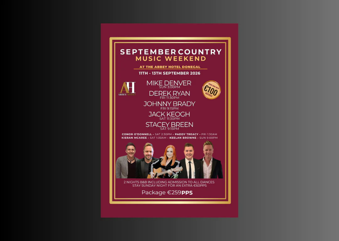 Abbey Hotel's September Country Music Weekend poster showcasing performing artists and event details in Donegal.