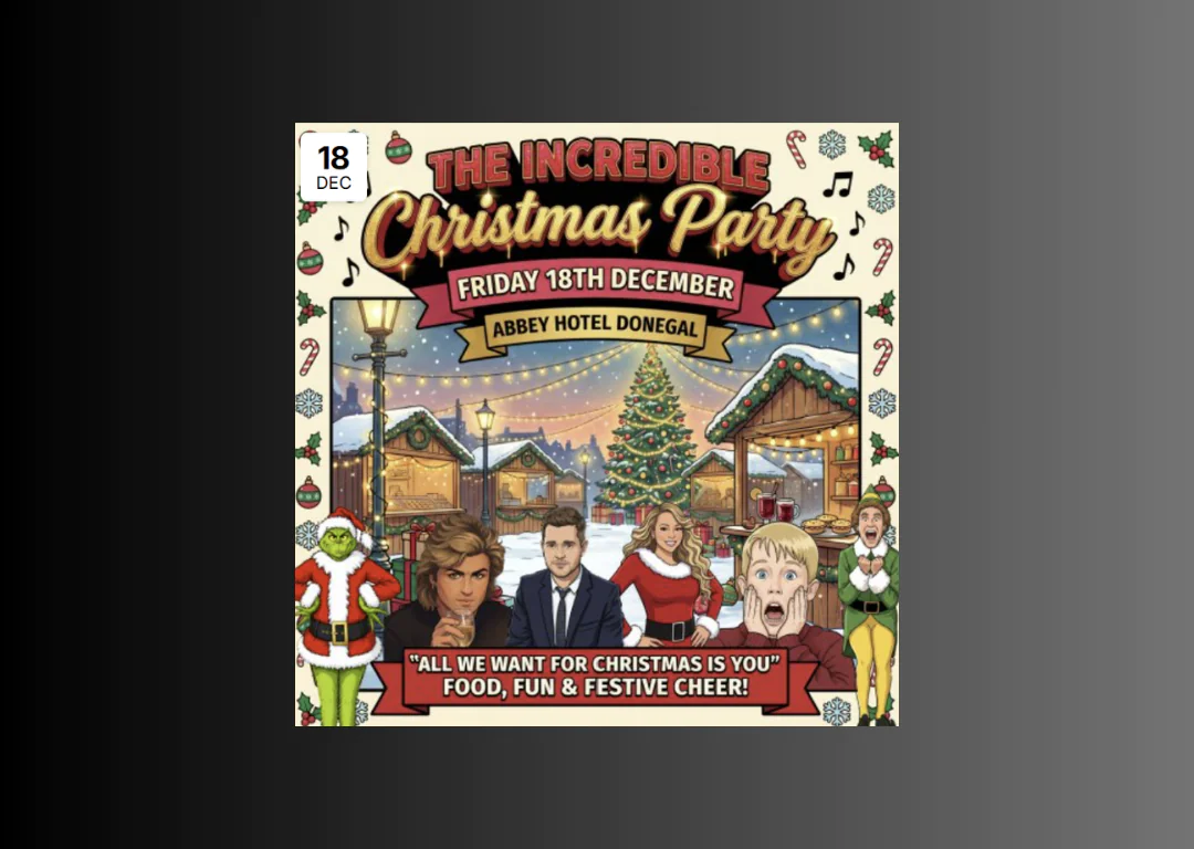 Festive Christmas party poster for Abbey Hotel Donegal, featuring a decorated tree, characters, and holiday cheer.