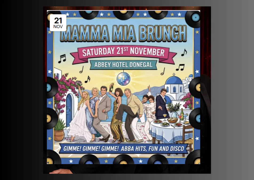 Enjoy a lively ABBA-themed brunch at Abbey Hotel Donegal with music, dancing, and vibrant d&eacute;cor on 21st November.