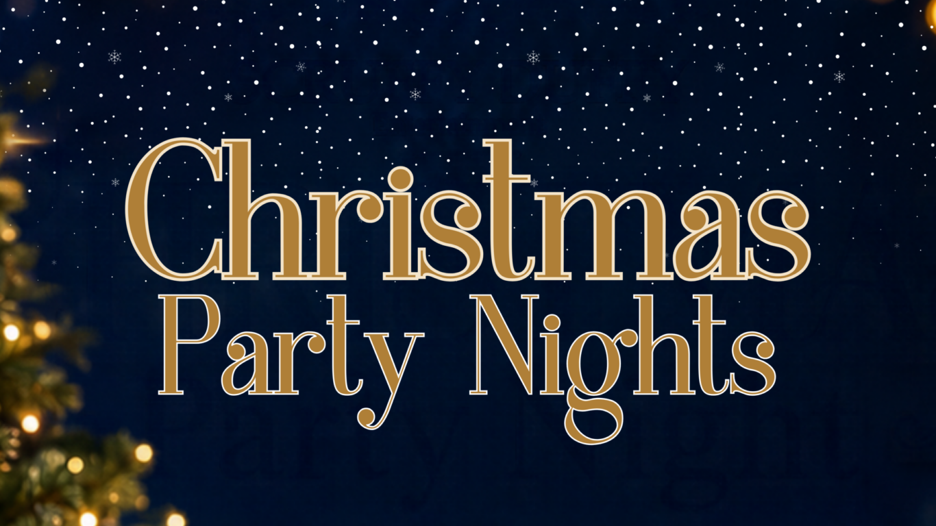 Elegant Christmas Party Nights invitation with twinkling stars and warm festive lights, creating a magical atmosphere.