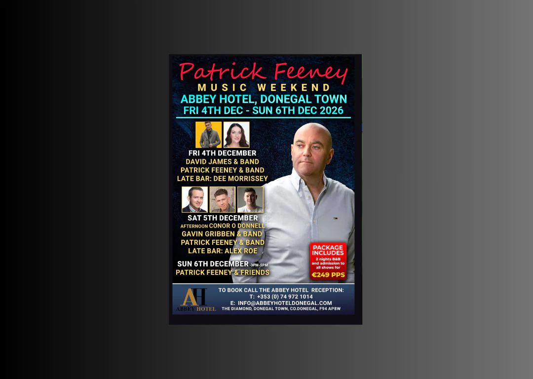 Patrick Feeney Music Weekend poster at Abbey Hotel, Donegal Town, showcasing performers and event details in December 2026.