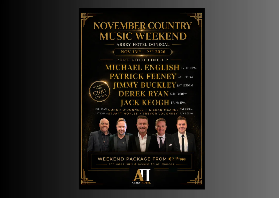 Country music weekend poster at Abbey Hotel Donegal, featuring artists and weekend packages starting from €249.